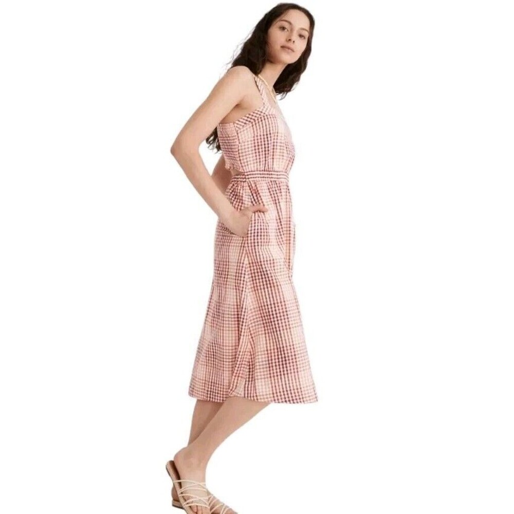 Madewell Cottage Gingham Midi Dress Womens Size 8 Red Plaid Cutout-Back Prairie